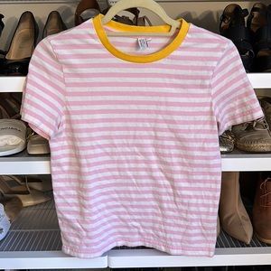 & other stories pink and white stripe shirt w yellow/orange around collar